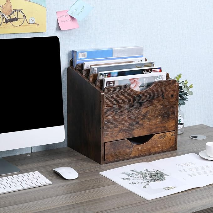 PAG Wood Desktop File Holder Organizer Mail Sorter with Drawer, for File Folders, Mails, Envelopes, Mailing Supplies or Magazines, 6 Compartments, Antique Brown