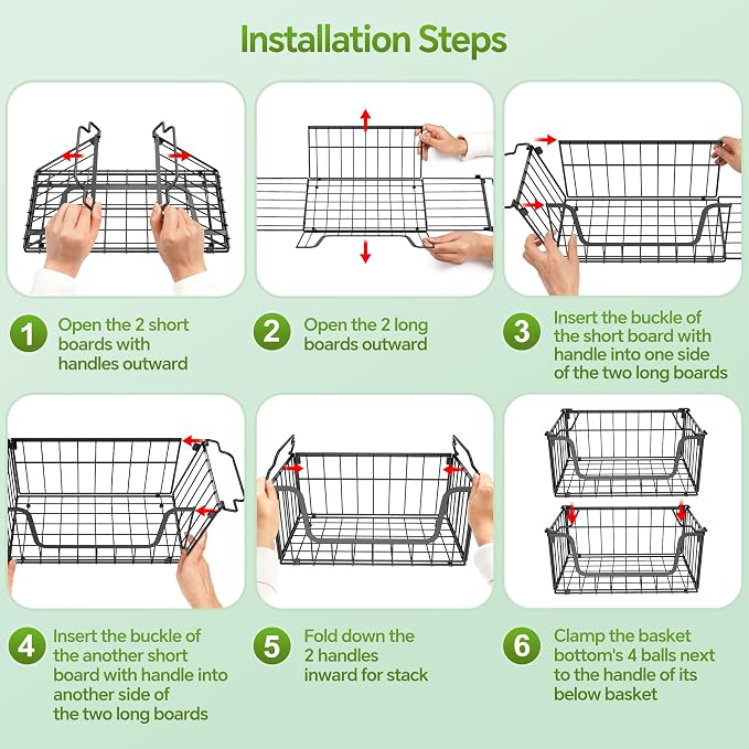 MSERCUOR 4 Pack Foldable Wire Basket for Pantry Organizers and Storage, Stackable Vegetable Fruit Basket for Kitchen Counter, Black Potato and Onion Storage Bin