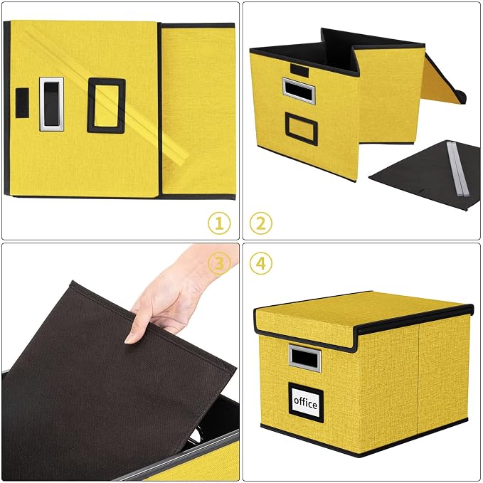 File Organizer Box with Lids, Collapsible File Folder Organizer | File Box with Plastic Slides for Office Document Storage, Filing Bin for Letter Size Hanging File Folders (1 Pack, Yellow)
