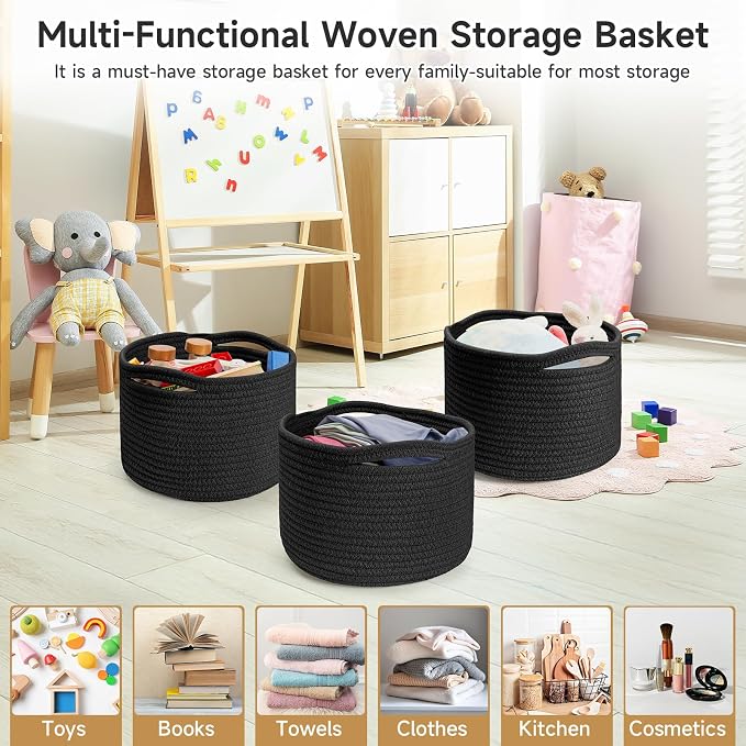 3 Pack Small Rope Storage Baskets, 9.82×9.82×7.1", Black | Cotton Basket for Gifts Empty, Cute Round Woven Basket, Decorative Shelf Basket Organizer, Organizing Basket for Shelves