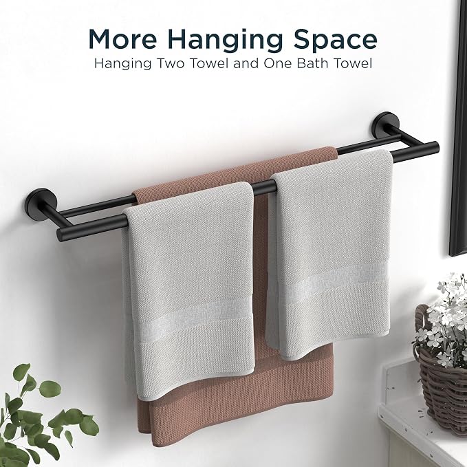 FORIOUS Double Towel Bar 24" Towel Racks for Bathroom Wall Mounted Black | Total Length 26 Inch, Rustproof, Stainless Steel Towel Holder, Wall Mounted for Bathroom Bedroom, Heavy Duty, Space Saving