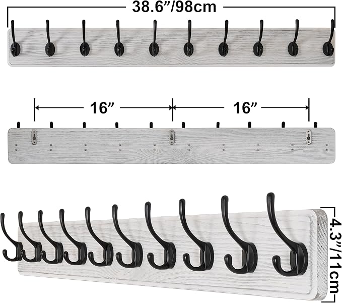 SKOLOO Rustic Wall Mounted Coat Rack, Case of 2, Pine Solid Wood Coat Hook Hanger - 10 Hooks for Hanging Clothes Robes Towels Coats