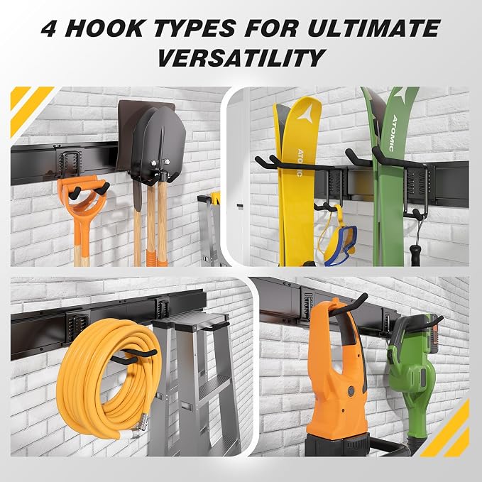 99 Inches Garage Storage, UUP Garage Organization, Wall Mount Garden Tool Organizer, Max 1000lbs Adjustable Metal Hook, Yard Shed Hanging Utility Rack, Heavy Duty Shelving for Rake Broom Mop Snowboard