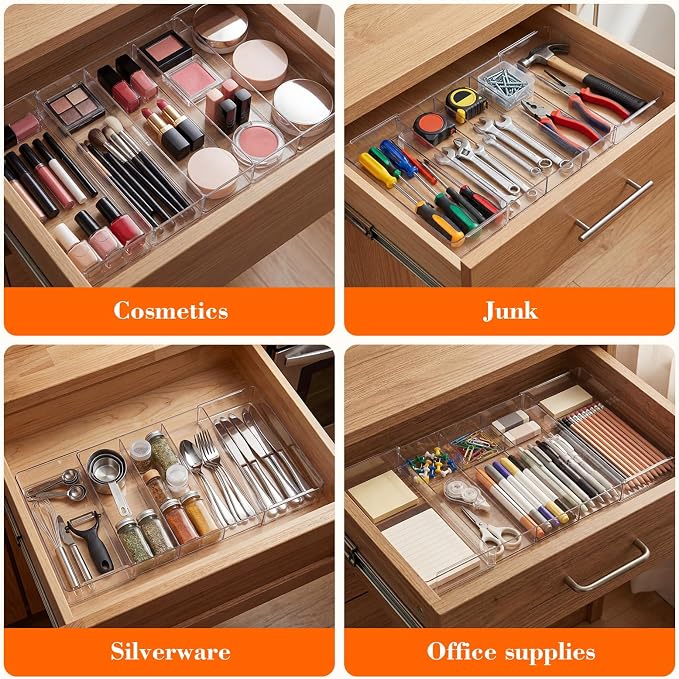 Briwooody 1 Pcs Large Expandable Acrylic Drawer Organizers, Grid Adjustable Drawer, Dividers Organizer for Desk, Makeup, Jewelry, Office, Kitchen Supplies (Clear,5 Compartments)