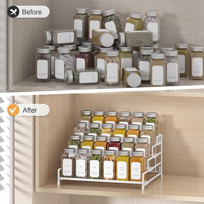 RUILALIFE 4-Tier-Spice-Rack-Organizer-for-Cabinet, Adjustable Depth Spice Holder Shelf For Countertop Pantry Cupboard, Metal Tiered Seasoning Organizer,Display Shelf Riser (White-2 Pack)