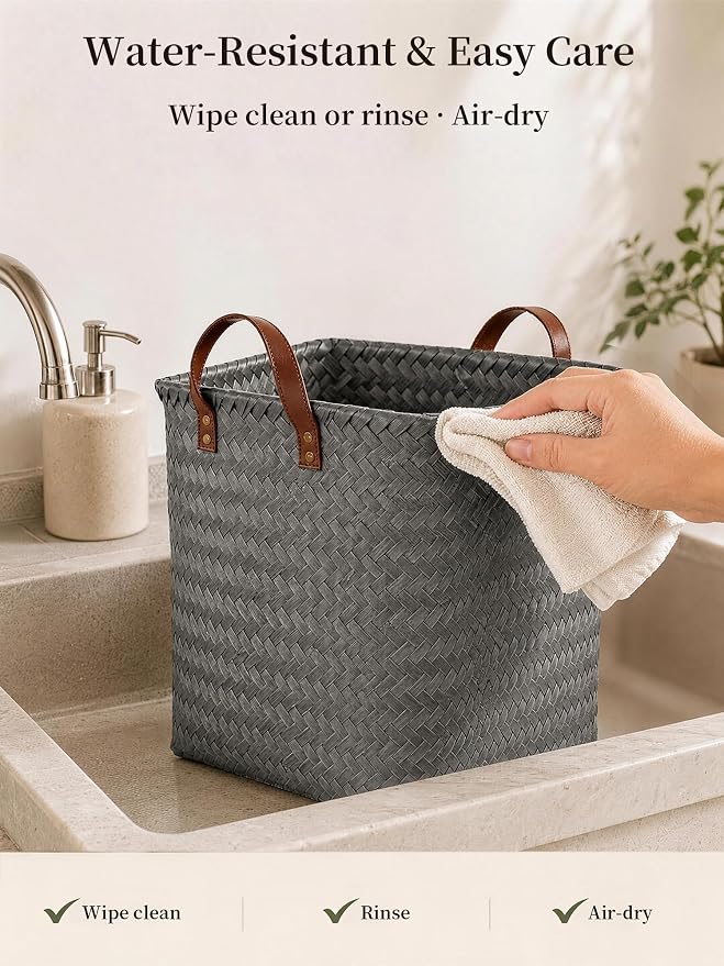 Wicker Storage Baskets, 4 Pack Woven Baskets for Shelves, Grey | PP Rattan, Water-resistant Wicker Basket, Large Baskets with Faux Leather Handles for Blanket, Laundry Organizer, Room Decor
