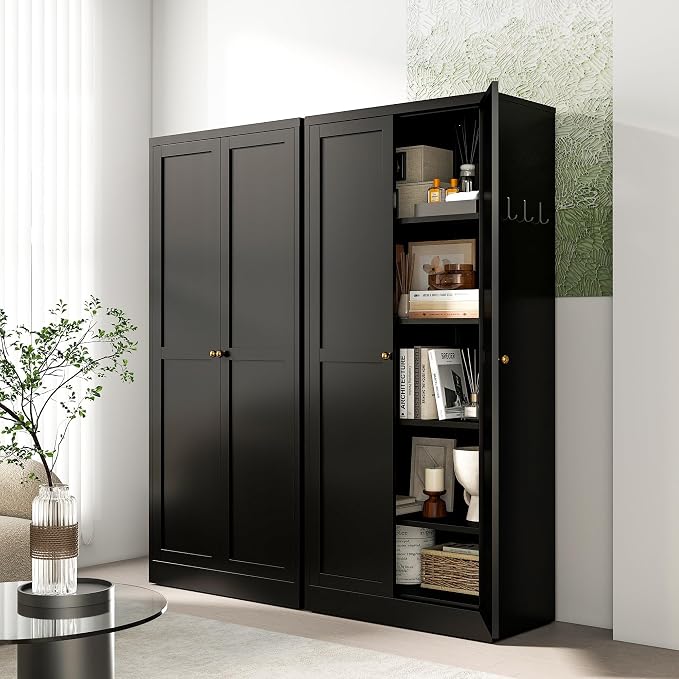 AQY Kitchen Pantry Cabinet,61" Black Pantry Storage Cabinet with 4 Tier Adjustable Shelves and 2 Doors,Freestanding Cupboard,Metal Pantry Cabinets with Handle for Living Room Kitchen Assembly Required