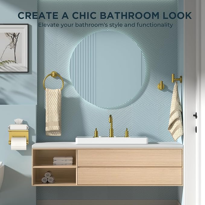 FORIOUS Bathroom Accessories, 5-Piece Bathroom Hardware Set - 24" Towel Bar | Brushed Gold | Towel Hooks, Towel Racks for Bathroom, Toilet Paper Holder With Shelf & Towel Ring | SUS304 Stainless Steel