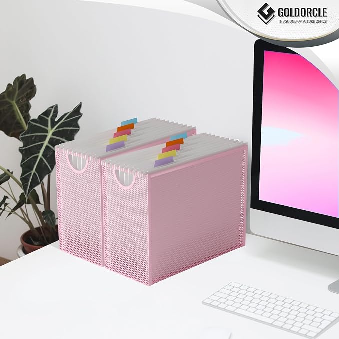 Letter-Size Hanging File Organizer (Pink, with 5 Grey Folders) | File Holder Filing Box for Desk, Metal Mesh Desk File Folder Storage for Office(No Assembly Required)
