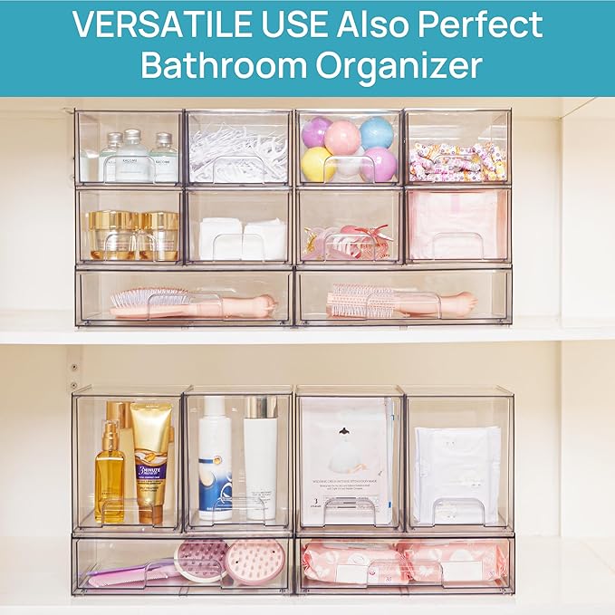 Vtopmart Clear Stackable Storage Drawers, 4 Pack Tall Plastic Organizers | Clear Pull-Out Drawers, Stackable Design for Skincare, Cosmetics, Beauty Supplies, Vanity, Bathroom, Cabinet and Countertop