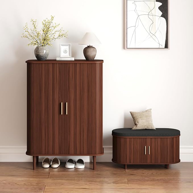 DHH Shoe Storage Cabinet with Sliding Door, 6-Tier Shoe Cabinet with Adjustable Shelves, Modern Freestanding Shoe Storage Organizer for Entryway, Hallway, Living Room (Walnut, 31.5 ")