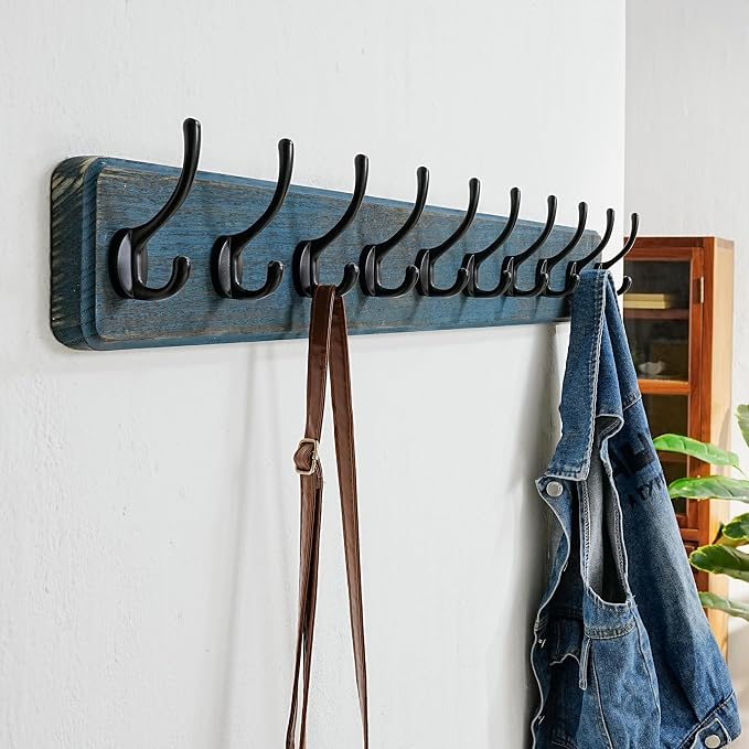 Coat Rack Wall: 38-1/4" Long, Patented, Heavy-Duty, 10-Double-Hooks Wooden Wall Mounted Coat Rack Coat Hanger Hook Rail for Winter Coats Hat Jacket Clothing, Weathered Blue, Pack of 2
