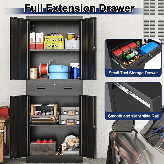 BESFUR Metal Storage Cabinet with a Drawer 4 Doors and 2 Adjustable Shelves Garage Storage Cabinet with Lock 71" Office Storage Cabinets Locking Cabinets for Garage Office Shop Home (Black)