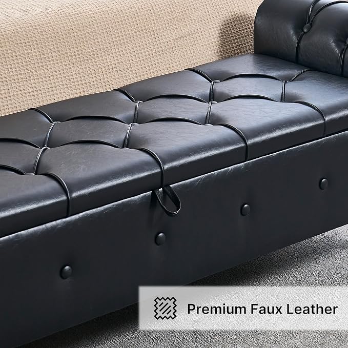 Storage Bench 67" Faux Leather End of Bed Benches Obsidian Black | King Size Storage Bench for Bedroom with Rolled Arms Tufted Ottoman Benches Upholstered Bench for Living Room Entryway