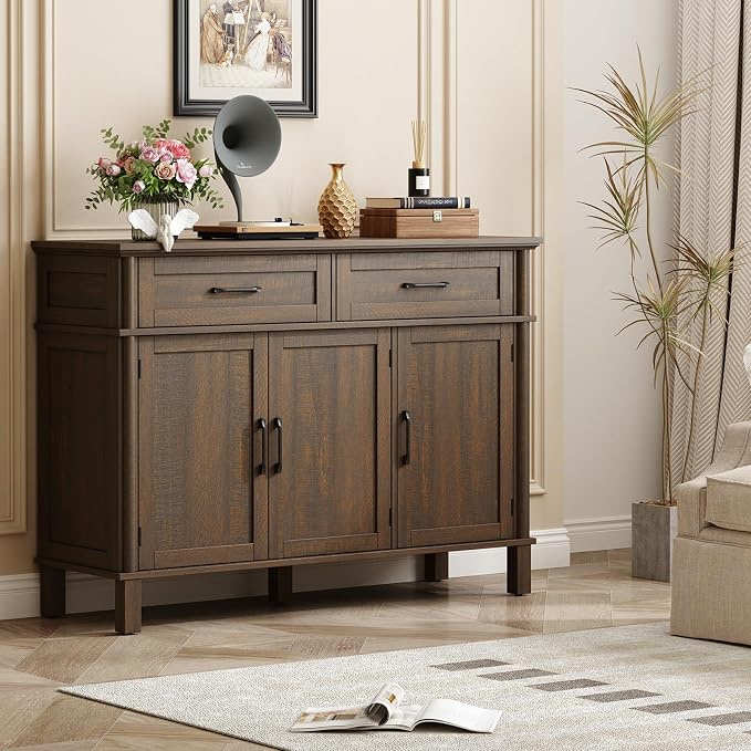 48 Inch Buffet Cabinet with Storage, Farmhouse Sideboard Buffet w/2 Drawers and 3 Doors, Wood Coffee Bar Cabinet with Adjustable Shelves, Sideboard Storage for Kitchen, Living Room, Brown