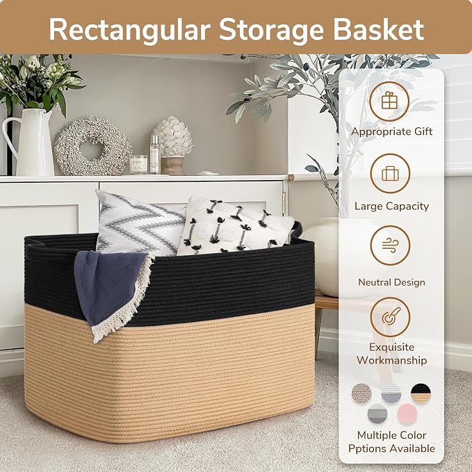 Goodpick 105L Extra Large Woven Blanket Basket Cotton Rope Storage Baskets for Organizing, Kids Toy Storage Organizer for Living Room Nursery, 25"x16"x16", Black & Jute