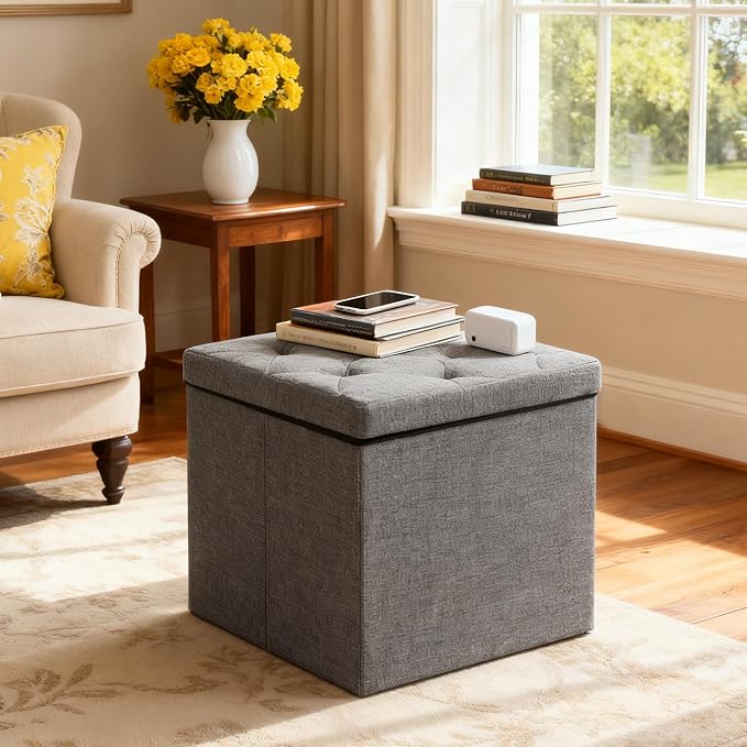15'' W Storage Ottoman Bench, Folding Storage Bench Ottoman, for Bedroom, Living Room, and Utility Room, Grey