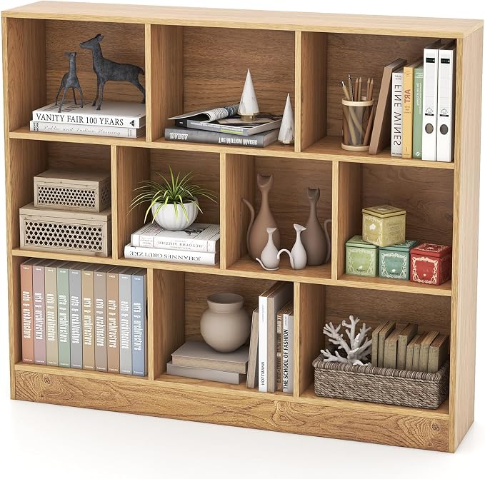 Giantex 10 Cube Bookcase, 4-Tier Freestanding Bookshelf w/ 10 Open Compartments, 2 Anti-Tipping Kits, Modern Display Cabinet, 41" Wood Cubby Storage Organizer for Living Room, Bedroom, Natural