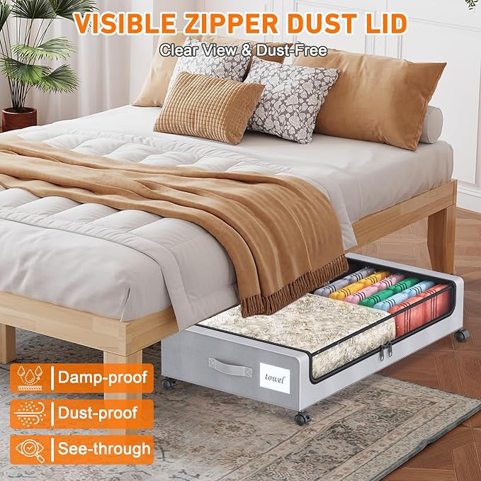 Under Bed Storage with Wheels, 2 Pack Under Bed Storage Containers with Clear Lids, XXL 65L Under Bed Storage Organizer, Rolling Under Bed Metal Drawer for Blanket, Clothes, Shoes (31 x 17 x 6.69 in)