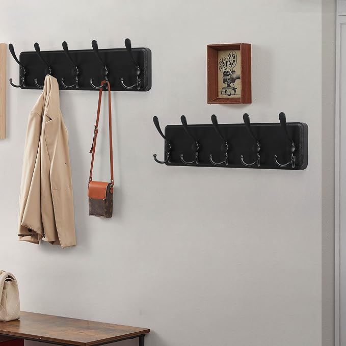 Coat Rack Wall Mounted - 5 Tri Hooks, Heavy Duty, Wooden Wall Coat Hanger Coat Hook for Clothes Hat Jacket Clothing, Black