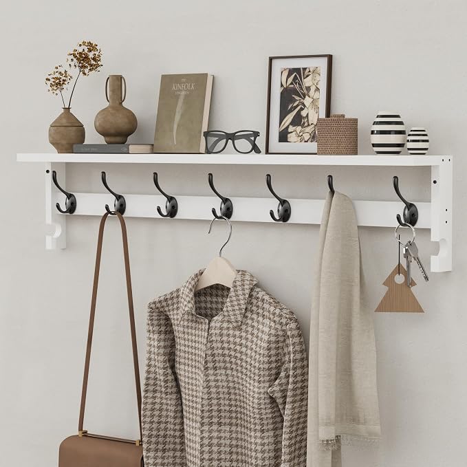 AMBIRD Coat Rack Wall Mount, 35 Inch Large Coat Hooks Wall Mounted with 7 Dual Metal Hooks and 2 Side Hooks, Wall Hooks with Shelf in Entryway, Kitchen, Living Room, Bathroom, Bedroom (White)