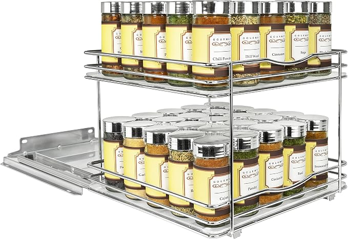 LYNK PROFESSIONAL® Pull Out Spice Organization for Cabinets - 10-3/8 inch Wide – Spice Rack for Inside Cabinets, Slide Out Spice Rack Organizer for cabinet – Pull Out Spice Rack, Sliding 2 Tier Chrome