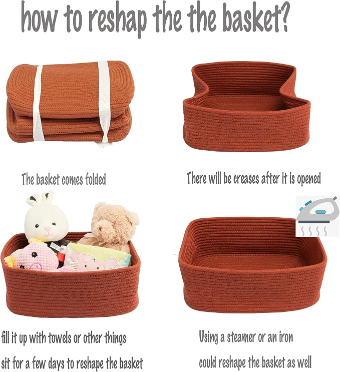 XUANGUO Small Woven Storage Baskets for Shelves, 13" x 9" x 5", Rustic | Decorative rope storage bins for closets and toy storage; cute organizer baskets, empty gift baskets and nursery storage.