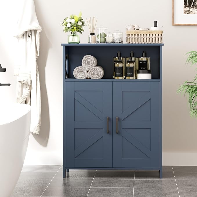 Homhedy Farmhouse Bathroom Storage Cabinet with Doors, Small Floor Cabinet | Toilet Paper Cabinet with Adjustable Shelf, Freestanding Storage Cabinet for Kitchen/Laundry/Living Room, 24"W, Blue