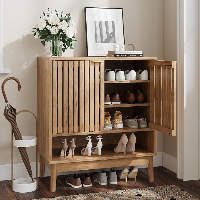 Kiasthome Shoe Storage Cabinet with Adjustable Shelves, Wooden Shoe Organizer, Shoes Rack for Entryway, Hallway, Living Room (Natural Wood, 27.56" W)