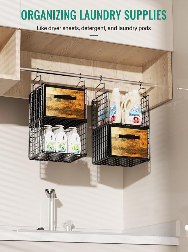 Hanging Closet Organizer with Drawers, 4 Tier Metal Closet Organizers and Storage with 4 Hanging Hooks 4 S-Hooks for Wardrobe Laundry Room, Wire Storage Shelf for Clothes Sweaters Pants (Black)