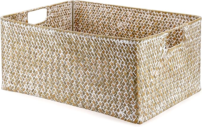 Hipiwe Wicker Storage Basket Bin X-Large Rectangular Opened Baskets Box | Handwoven Seagrass Basket Box with Handle for Shelf Organizing Closet Bathroom, 15.7" L x 11.8" W x 7.5" H