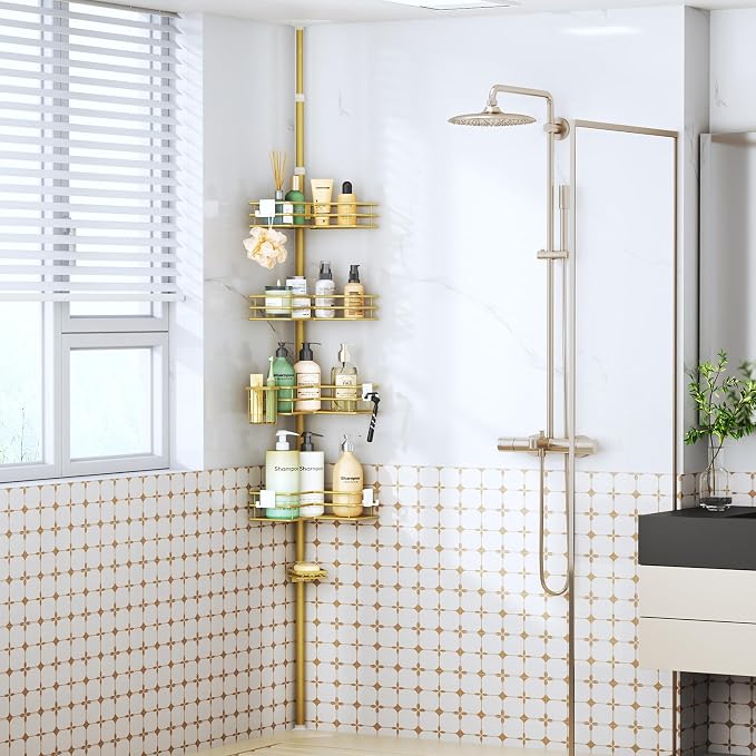 HapiRm Corner Shower Caddy Shelves - Shower Rack with Toothbrush Holder | Shower Organizer with Soap Holder and 4 Hooks,Rustproof Bathroom Storage Tension Pole Available for 27.6 to 108.3 Inch - Gold