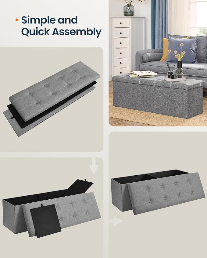SONGMICS Home Storage Ottoman, 35 Gallons End of Bed Bench, 15.2 x 43.2 x 15.2 Inches, for Bedroom, Entryway, Living Room, Light Gray