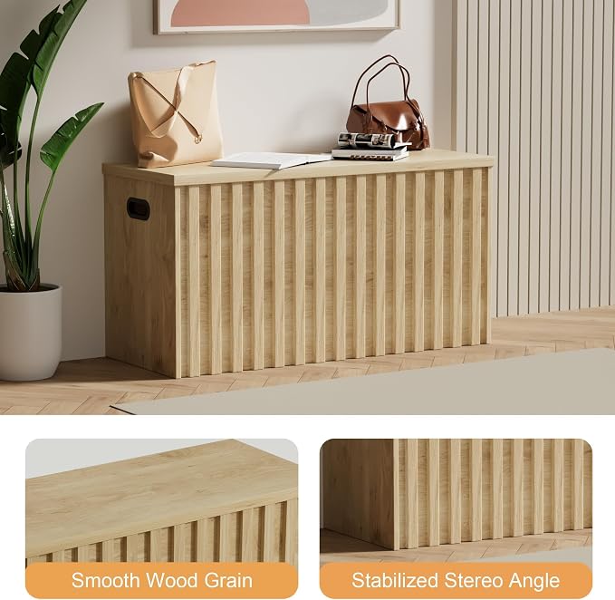 Storage Bench,39.4" Wood Box, Storage Trunk with 2 Safety Hinges, Ottoman Storage Chest, Fluted Storage Bench for Bedroom, Entryway, Living Room (Ivroy White)