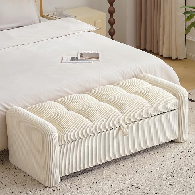 Oversized Corduroy Ottoman Bench with Storage, Upholstered End of Bed Bench for Bedroom, Ottoman Foot Rest for Living Room, Beige
