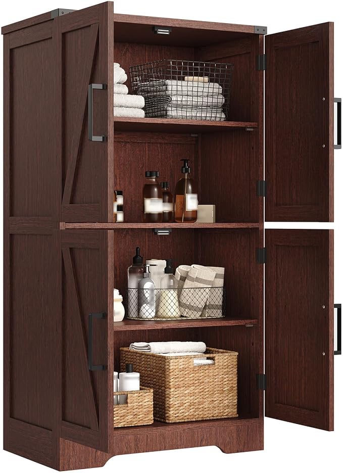 Treocho Farmhouse Bathroom Floor Cabinet with Adjustable Shelves | 13.78"D x 23.62"W x 43.46"H, Freestanding Kitchen Pantry Cabinet, Cupboard for Living Room, Dining Room, Walnut