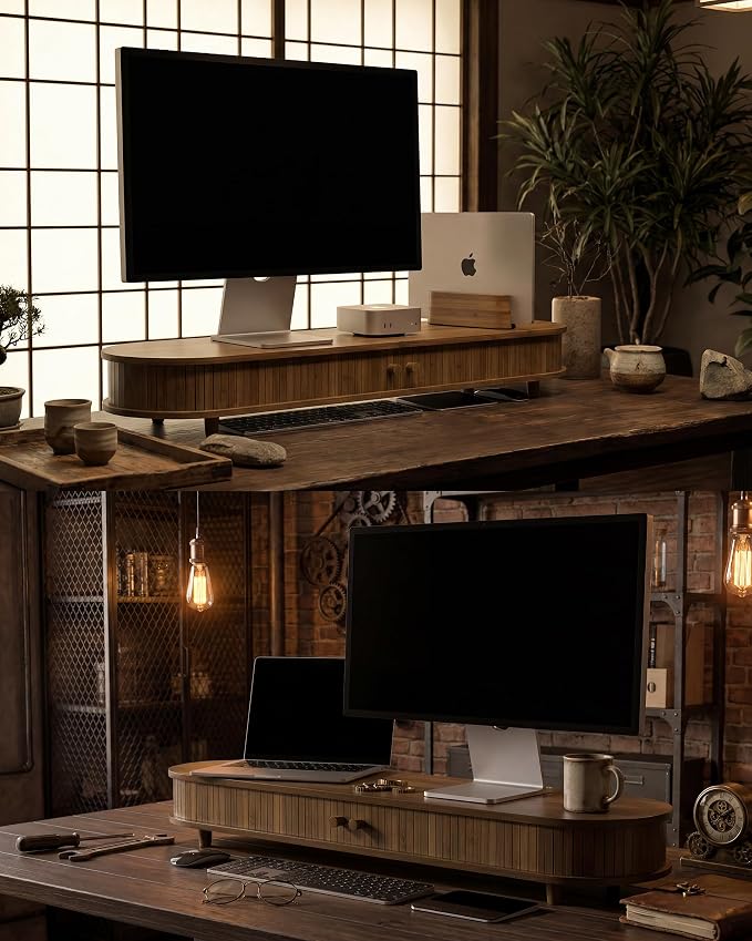 42 Inch Curved Dual Monitor Stand Riser with Storage Desk Shelf | Double Computer Stand with Sliding Doors for 55-72 Inch Cozy Workplace Computer Setup Desk Organizer Toasted Bamboo Color