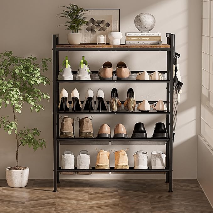 5 Tier Shoe Rack, Shoe Rack for Entryway with Hook, Shoe Organizer with Adjustable Mesh Shelves, Metal Shoe Storage, Closet, Bedroom Living Room Garage