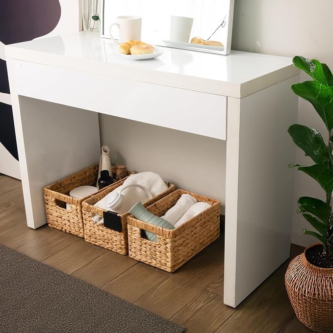 KOKODO Pack 3 Medium Wicker Storage Baskets with Handles, Stylish and Durable Water Hyacinth Rectangle Handwoven Basket Bin with Metal Frame & Handle for Room Organizing
