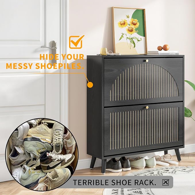 Fsbecl Shoe Storage Cabinet for Entryway with 2 Flip Drawers, Narrow Wood Shoe Cabinet with Fluted Panel, Freestanding Hidden Shoe Organizer for Hallway