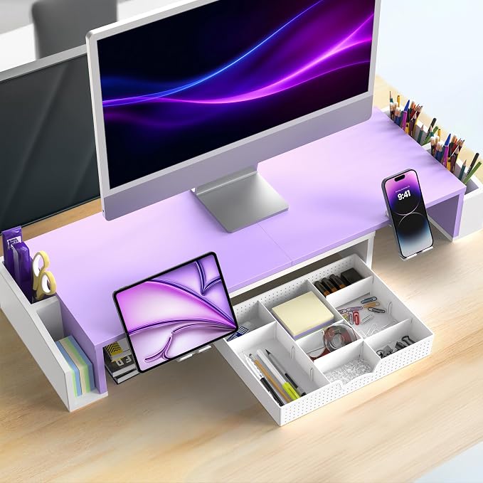 Simple Houseware Desk Dual Monitor Stand Riser with Drawer, Purple | Customizable Organizer Tray, Built-In Phone & Tablet Slot and Side Storage