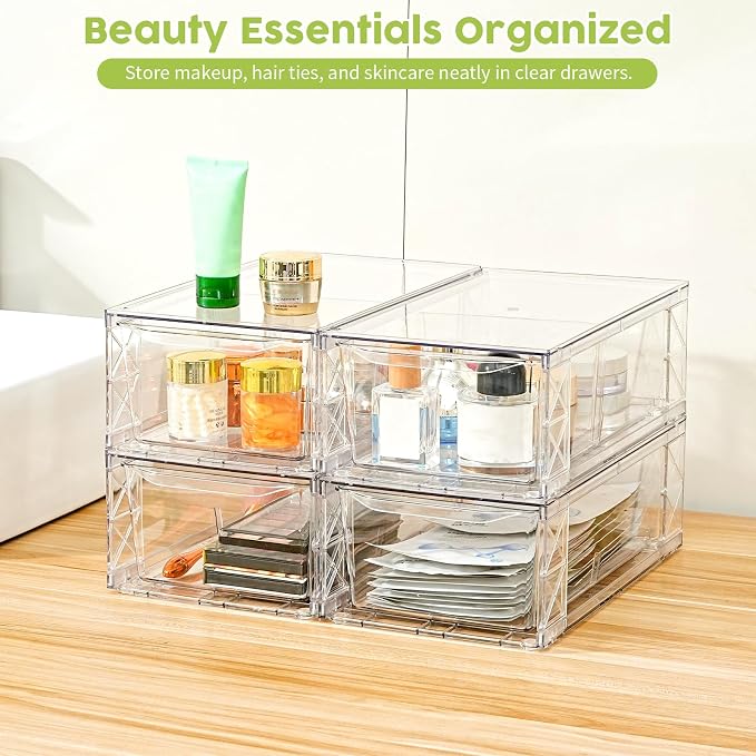 4 Pack Acrylic Storage Drawers, Clear Stackable Storage Drawers, Acrylic Organizers Drawers for Under Sink, Pantry, Bathroom, Makeup Organizers Cosmetic Display,Classroom Storage Organization, Medium