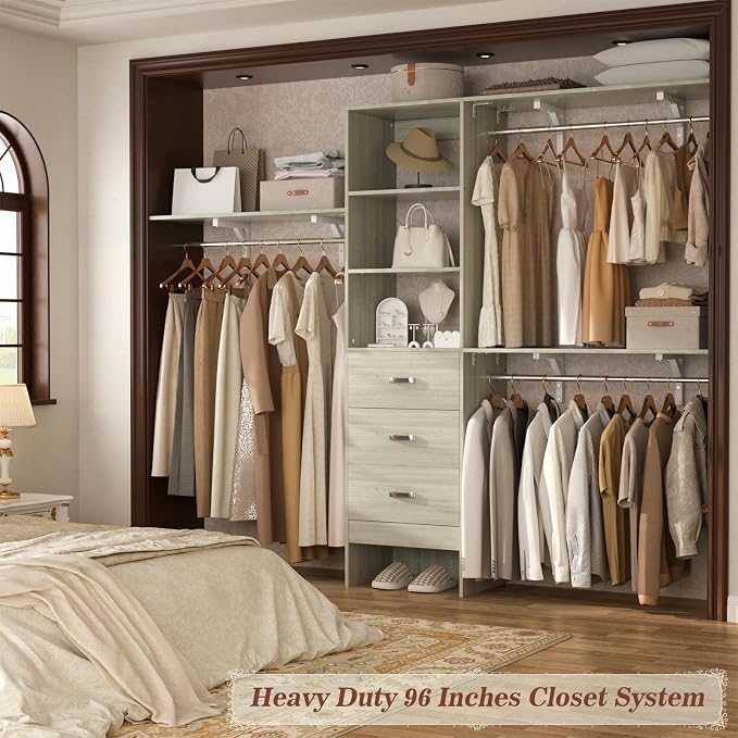 96" Wood Closet System with 3 Enclosed Drawers & 3 Solid Shelves, 8FT Adjustable Closet Organizers and Storage, Heavy Duty Modular Wardrobe for Reach-In & Walk-In, 1000 LBS Load, White Oak