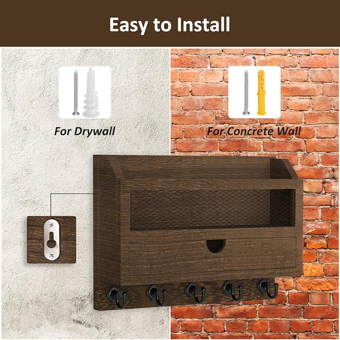 Nekon Key and Mail Holder for Wall, Key Organizer with 5 Hooks & Storage Drawer, 11" W x 7.9" H x 3.1" D Wooden Key Rack for Entryway and Home Decor (Brown)