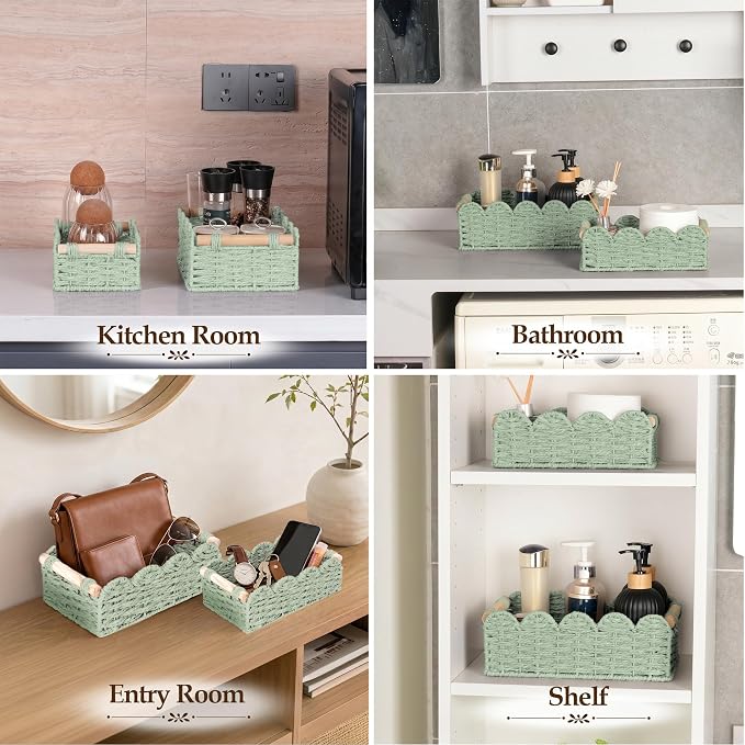 iEGrow Paper Rope Small Storage Baskets for Organizing, Set of 2 Scalloped Edge Wicker Basket with Wooden Handles Toilet Paper Basket for Over Toilet Storage Shelf, Home Decor, Living Room (Green)