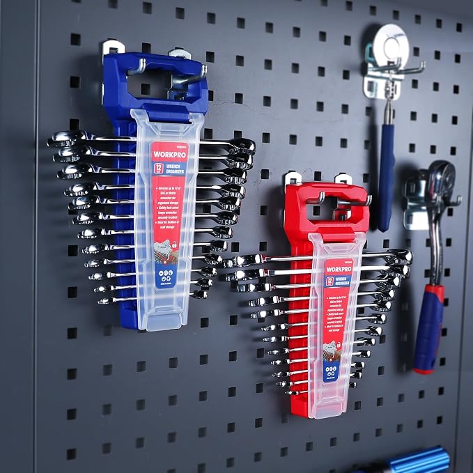 WORKPRO 2-Piece Wrench Organizer, 24-Slot Wrench Holder Set with Lock Cover | Plastic Wrench Storage Metric & SAE Compatibility (Up to 19mm or 7/8), Premium Quality Tool Trays with Carrying Handle