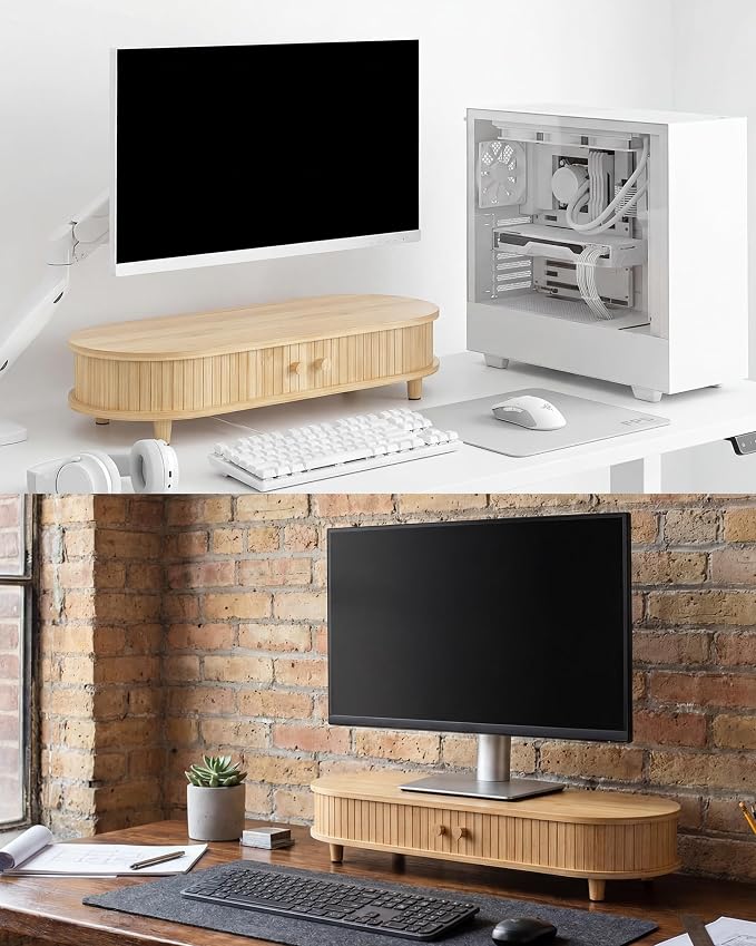 Bamboo Monitor Stand with Storage, 25 Inch Desk Shelf Riser | Curved Computer Laptop Stand Desk Shelf Organizer with Sliding Doors for 47-55 Inch Desk