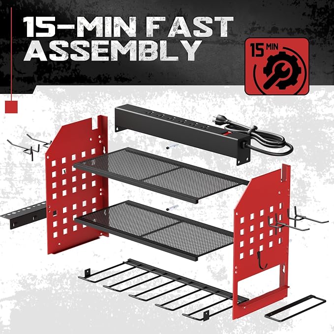 SPACECARE Power Tool Organizer with 6 Outlets, 3-Layer Heavy Duty Wall Mount Drill Storage Rack, Cordless Tool Charging Station with Utility Shelf, Garage Organization and Storage for Workshop- Red