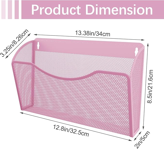 EasyPAG Wall File Organizer 3 Pack, Hanging File Organizer Wall Mount, Metal Mesh Folder Holder for Letter/A4 Papers, Mail Sorter for Office, Classroom, Home, Pink