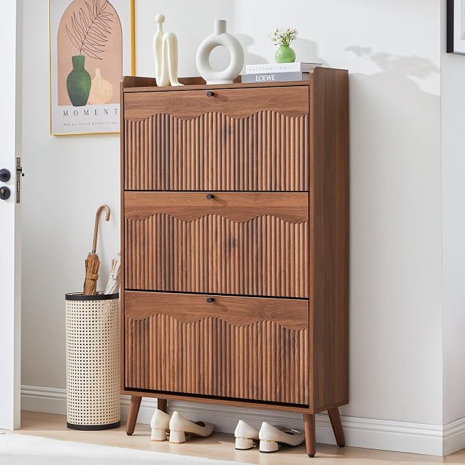 BERRYMERRY 51.2" Tall Shoe Storage Cabinet with 3 Flip Drawers for Entryway | narrow,entryway,adjustable feet,24 pairs shoe,shoe organize,hidden shoe rack,fluted panel,wave pattern,wood,space saving